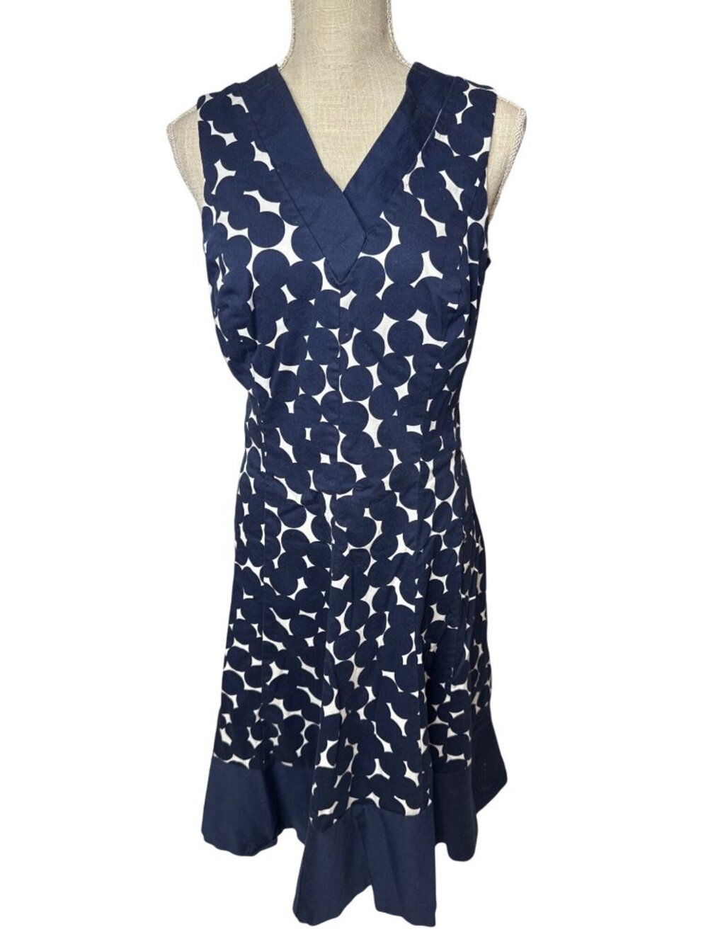 Nine West Navy & White Polka Dot Sleeveless Dress Size 1X With V-Neck & Flowy Sk